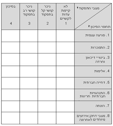 טבלה 4: דירוג תחומים ומצבי תפקוד של סיכון רגשי